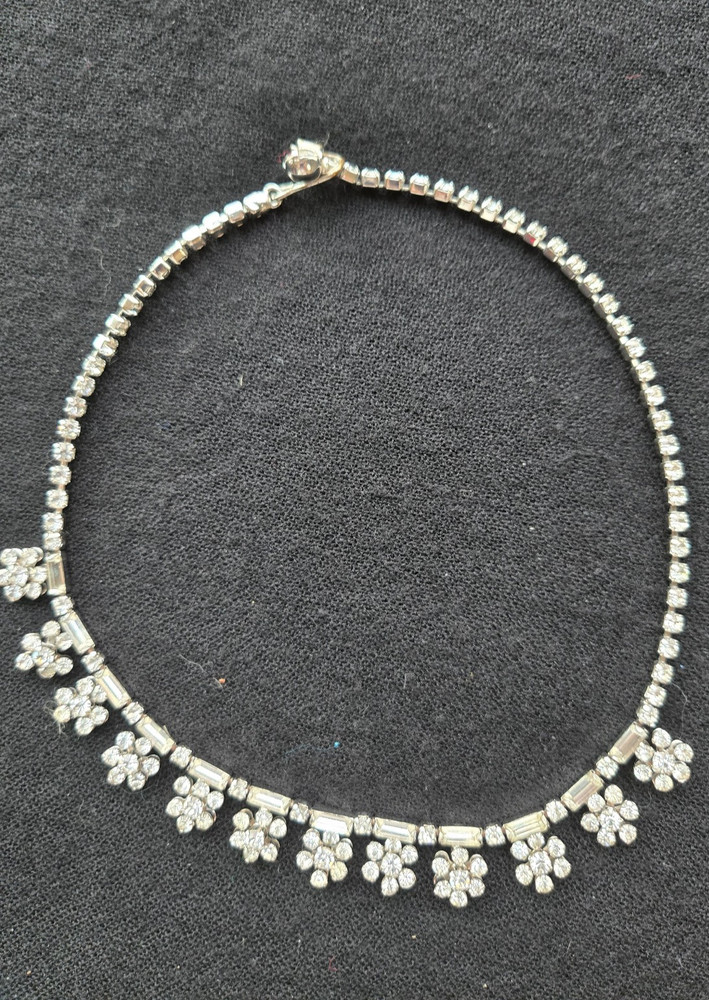 Vintage Rhinestone Floral Motif Wedding Necklace 14″ Choker Length