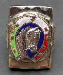 Vtg MCM Mexico Horse Head Horseshoe Ring Green White Red Blue Enamel Biker Ring