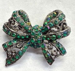Bow Green AB Rhinestone Vintage Pin Brooch J-595