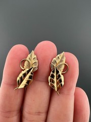 Vintage 14k GF Leaf Climber Earrings Screw Back Designer Signed Brushed Textured
