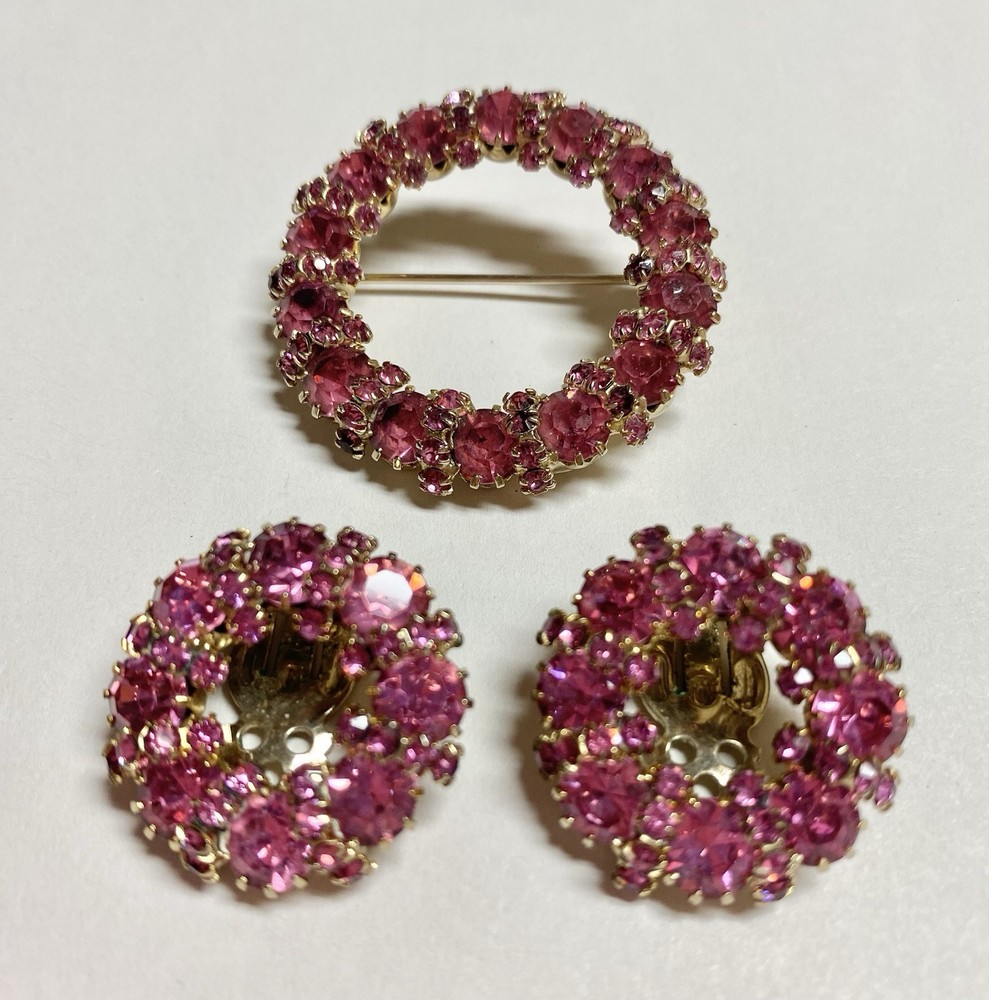 WEISS Circle Brooch & Earrings Set~Pink Austrian Crystal Rhinestones~VTG Jewelry