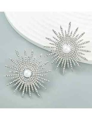 Big Round White Faux Pearl Earrings Silver Tone Rhinestone Earrings Pierced Stud