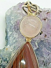 Vintage Sterling Silver Tiger Iron Rose Quartz Teardrop Pendant 8.2 Grams