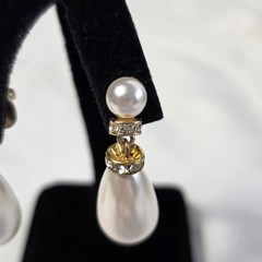 Monet Pearl Drop Earrings Stacked Tiered Faux Pearls & Crystal Accents