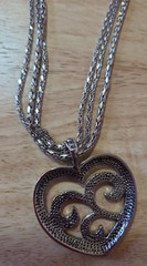 Vintage Heart Marcasite Pedant Triple Chain Black Necklace 16in. W/ 2.5 Ext.