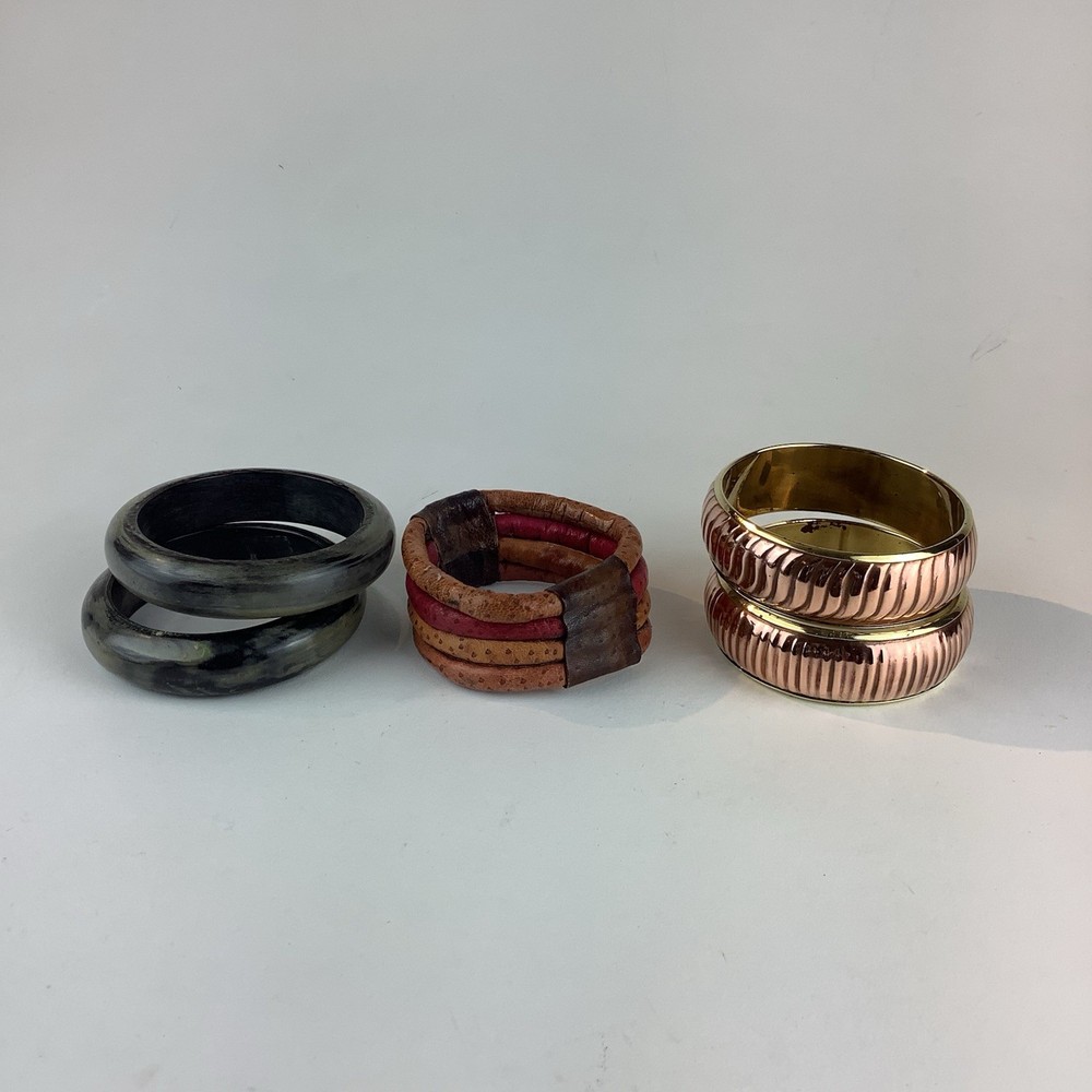 Lot of 5 Vintage Boho Bracelets, Stone, Leather, Brass, Copper