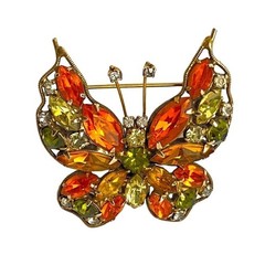 Vintage La Roco Butterfly Brooch Orange Green Rhinestone Pin Retro Estate Piece