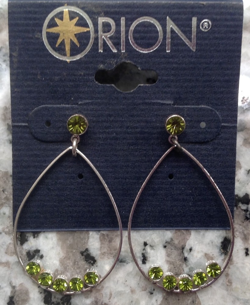 NIP, Orion dangle earrings, push on, silver tone, faux peridot stones, tear drop