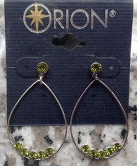 NIP, Orion dangle earrings, push on, silver tone, faux peridot stones, tear drop