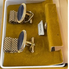 Swank Purple Enamel Cufflinks & Tie Tack Set 1950s Gold Tone Metal Ovals