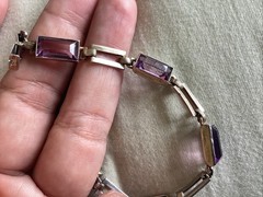 Vintage Sterling Silver 14 K Gold Purple Glass Line Bracelet 7.25”