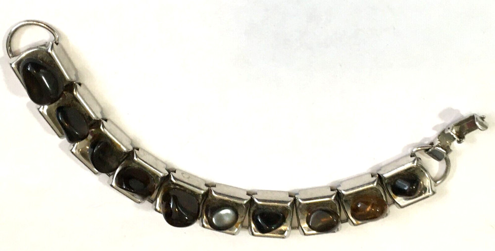 Vtg Tumbled Rock Stone Silver Tone Panel Link Bracelet 6″ Fold Over