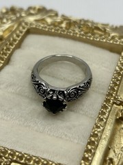 Vintage Gothic Black Stone Ring Size 7 Silver Tone Scroll Filigree Victorian