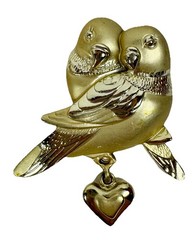 AJC Brooch Love Birds with Dangling Heart Gold Tone