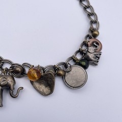 Vtg Elephant Bronze Tone Lion Charm Chunky Link Safari Statement Necklace 22″