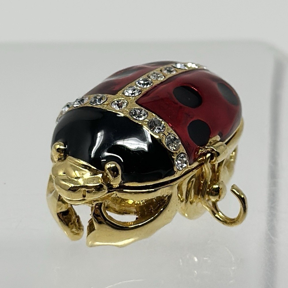 Vintage Ladybug Rhinestone Enamel Trinket Box Pendant Gold Tone 1.35”