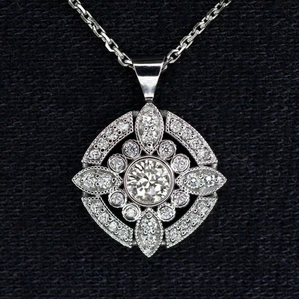 Art Deco Vintage Lab Created Diamond Woman Pretty Pendent 14K White Gold Finish
