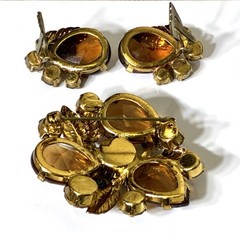 Vintage AUSTRIAN Flower Leaf Brooch & Earring Set, Topaz Crystal Rhinestones!