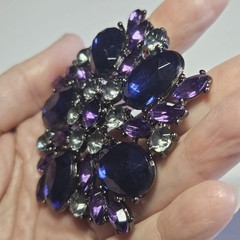 Dark Silver Tone Purple Blue Gray Rhinestone Brooch