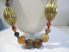BRASS GEMSTONE AND WOOD ELEPHANT ANIMAL BEADED NECKLACE VINTAGE SAFARI AFRICA