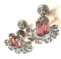 VTG Duane Earrings Pink Baguettes Rhinestones SIlver Tone Screw Back .75″ Signed