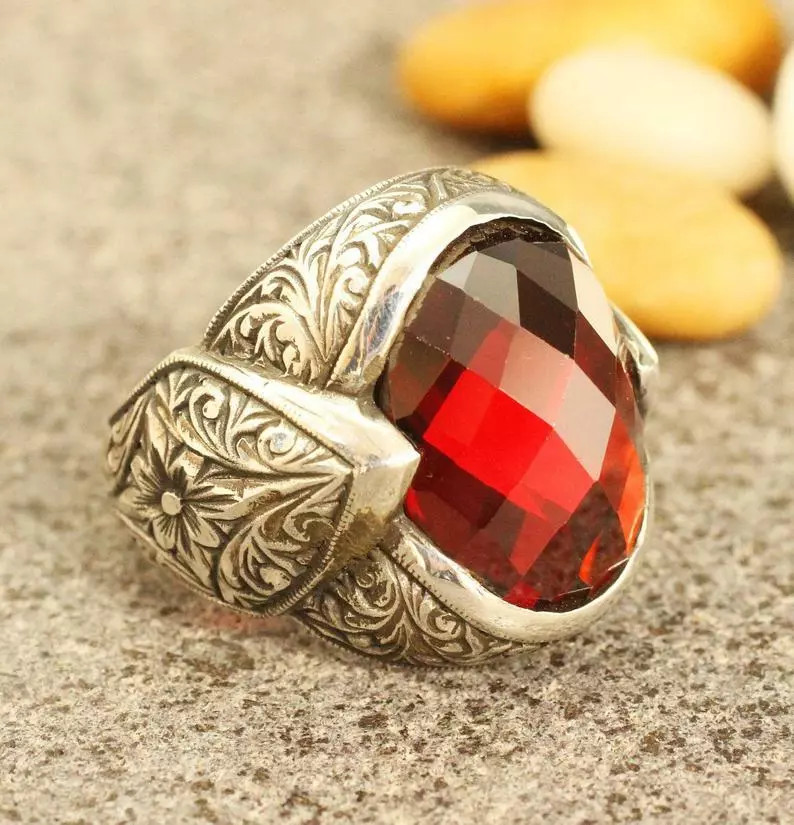 Mid-Century Filigree Style Vivid Red Fancy Shape Ruby Men’s Solitaire Fine Ring