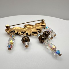 Vintage 80s Gold Tone Scrollwork Brooch Pin with Crystal Bead Dangles