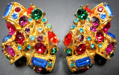 MIRIAM HASKELL Colorful Rhinestone Vintage Clip Earrings