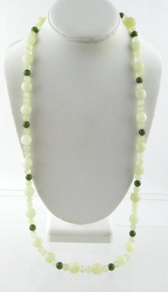 Vintage Varied Green Jade Bead Carved Dragon Hook Necklace 33 Inch Length 106.4g