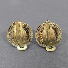 WEST GERMANY GREEN SLAG CABOCHON FILIGREE PENDANT NECKLACE EARRINGS SET VINTAGE