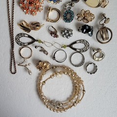 Vintage Multicolor Mixed Lot Earrings Brooch Necklace Ring Glass 34 Pieces