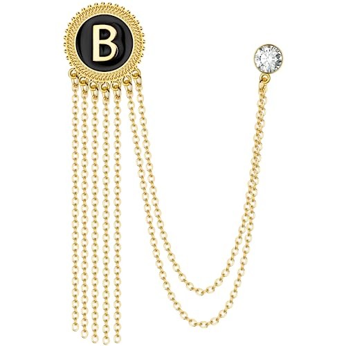 Gold and Silver Tone Initial Chain Brooch Laple Pin for Men Suits, Metal Gold-B