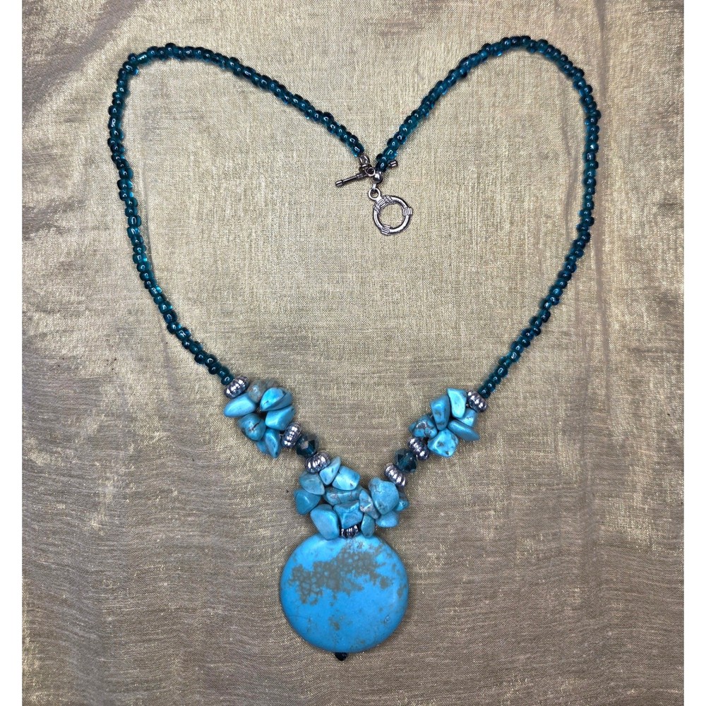 Vintage 24″ Chunky Turquoise Statement Necklace Boho 1.5″ Large Blue Pendant
