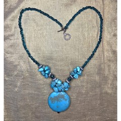 Vintage 24″ Chunky Turquoise Statement Necklace Boho 1.5″ Large Blue Pendant