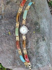 Vtg Multi Stone Inlay Panel Watch (works) Bracelet Set Chinese Symbol Good Luck