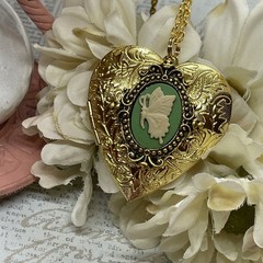 Gold Heart Locket Photo Birthday Anniversary Wedding Green Butterfly Necklace