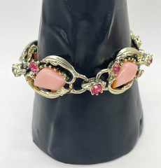 VTG Lipstick Pink thermoset Lucite Rhinestone Gold-tone 5-link bracelet MCM