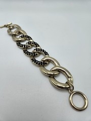 VINTAGE Silver Tone Black Rhinestone large Chain Link Bracelet Toggle Close Punk