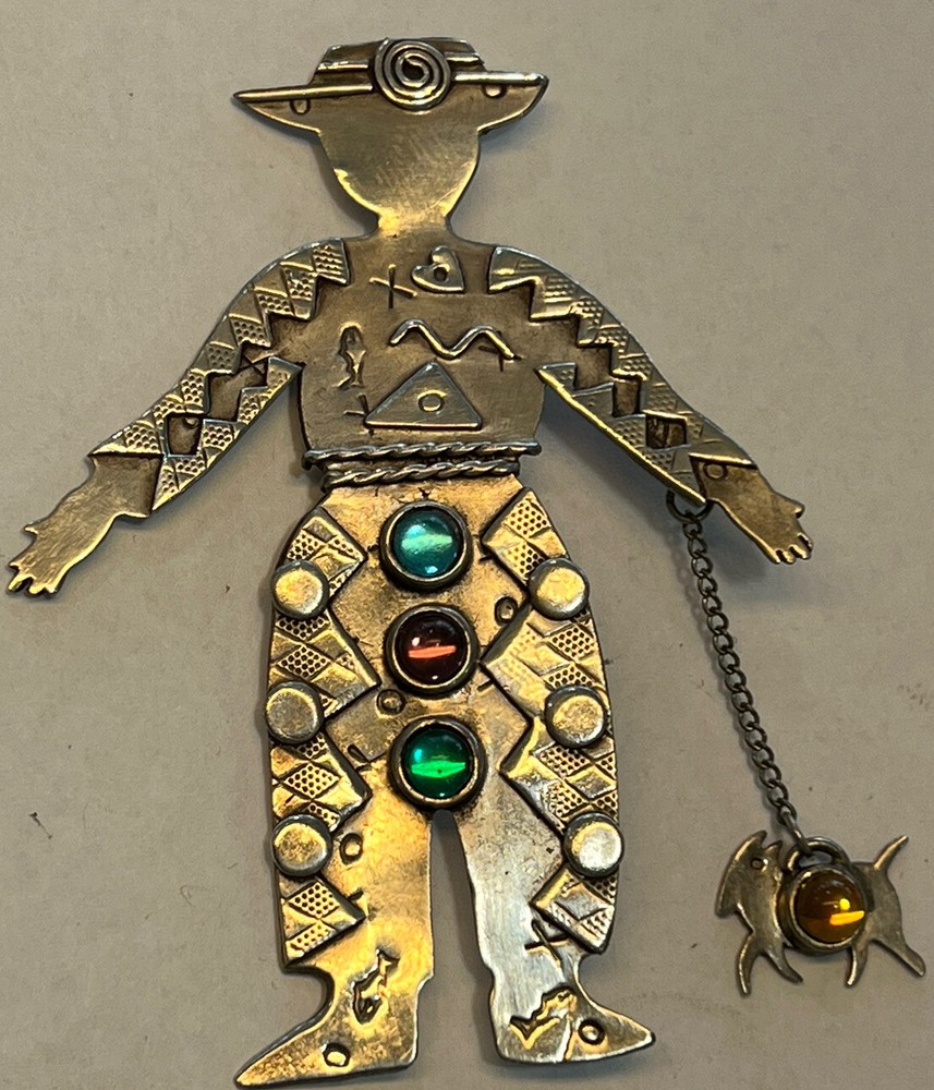 Vintage Sterling Silver Brooch Pin Man Walking Dog Deborah Roberts Hand Made