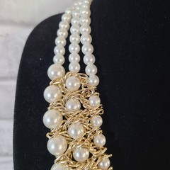 Vtg NY Company Faux Pearl Gold Tone Chain Collar Necklace Weave Triple Strand