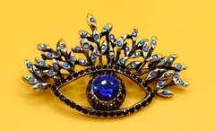 Gold Tone & Blue Rhinestones Eye Brooch Contemporary