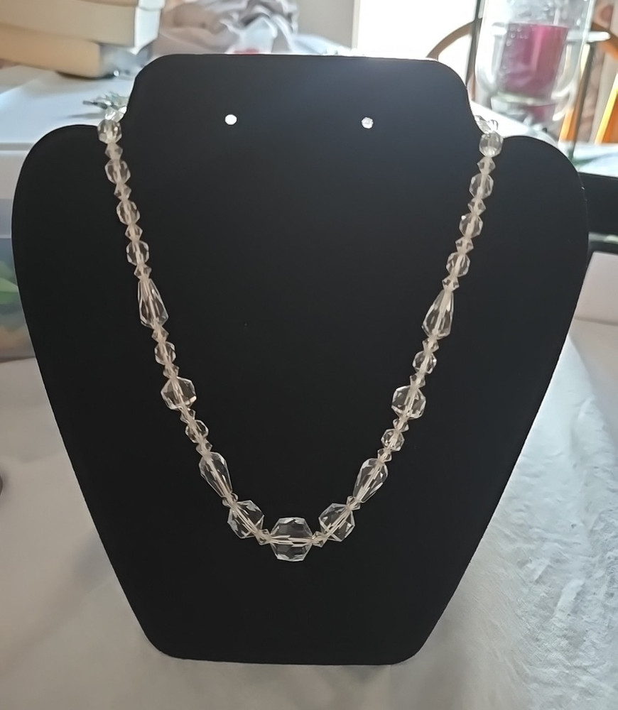 Vtg Clear Art Deco Glass Beaded Faceted Statement Fashion Necklace Jewelry