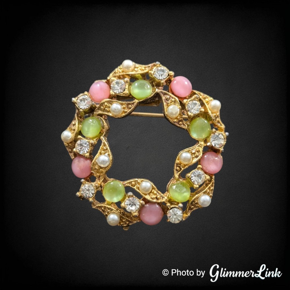 Vintage Pastel Multicolor Moonglow Cabs Faux Pearl Rhinestone Wreath Brooch Pin