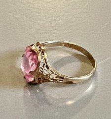 Art Deco Vtg Filigree Pink Cushion Jewel Ring 14K RGP Gold Clark & Coombs 7.5