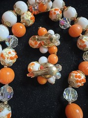Vintage Vendome Necklace Earrings Orange, White And Gold Plated Unique Beads 15”