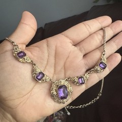 Vintage NEW In Bag AVON Purple Glass Station Necklace Signed NWT