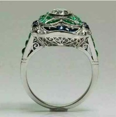 Art Deco Style Lab Created Diamond Emerald Engagement Ring 14k White Gold FN