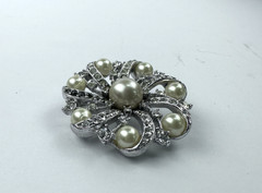 VTG Swirl Style Brooch/Pin Faux Pearl & Rhinestone Platinum Look 1-3/4″ Diameter