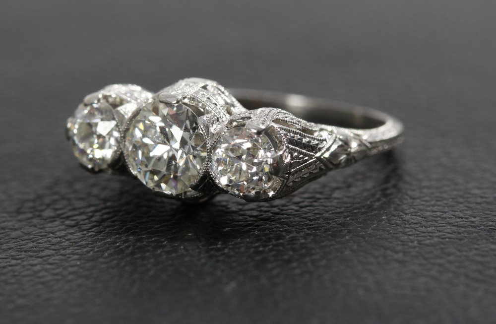 Art Deco Engagement Ring Mine European Cut Diamonds Plat 3.4 DTW 2.25 CTW 6.5