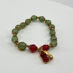 Green Jade & Red Bead Bracelet Gold Tone Peanut Charm Lucky Boho Stacking Gift